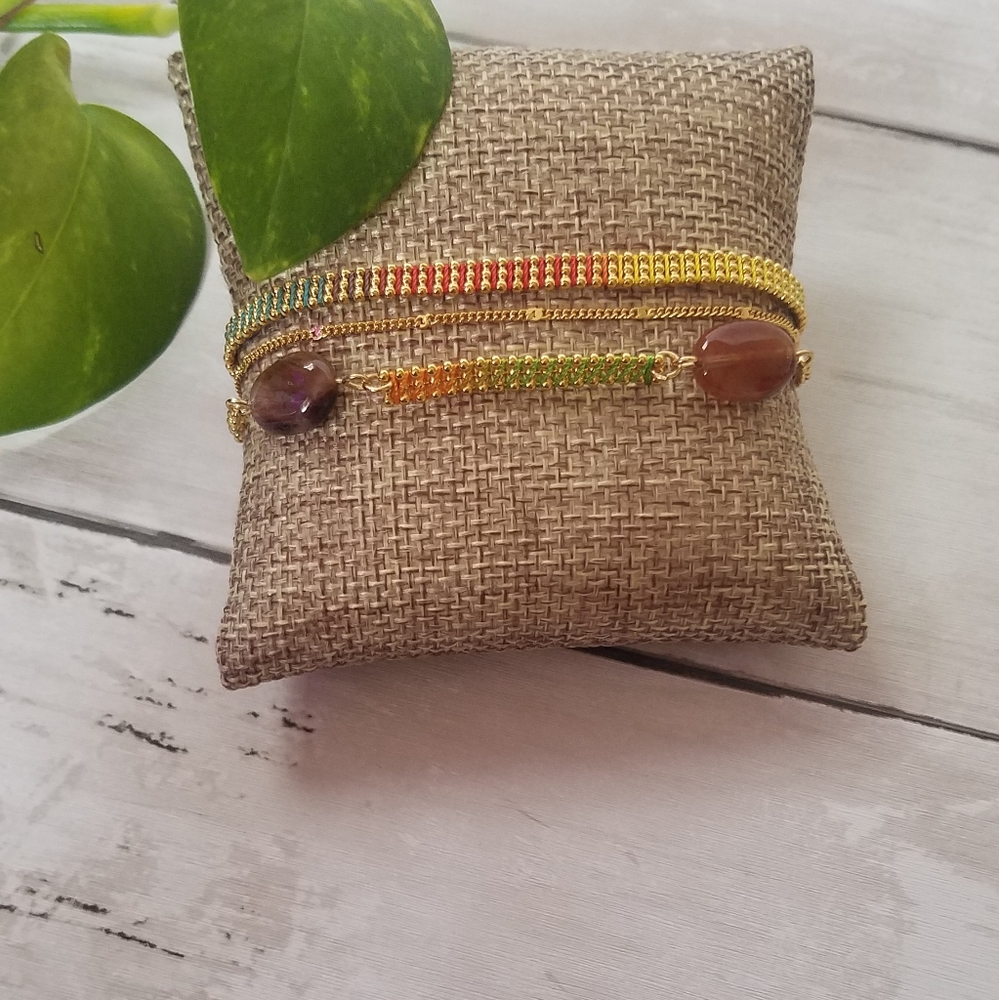 Hudson Multistrand Agate and 18 Karat Gold Plated Triple Strand Bracelet